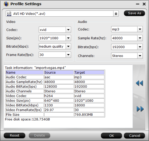 Pinnacle Studio format settings