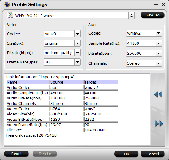 Sony Vegas video settings